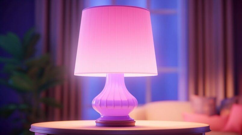 Lampe de table élégante et rose sur une petite table en bois, illuminant une pièce aux teintes douces