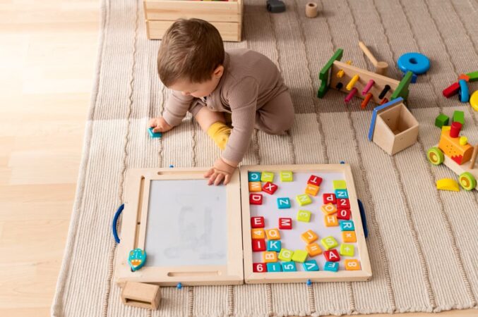 Un enfant joue avec des jeux Montessori, dont un tableau en bois avec des lettres magnétiques.