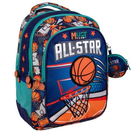 Sac à dos scolaire bleu Must Team All-Star à motifs de basketball avec une petite trousse assortie.